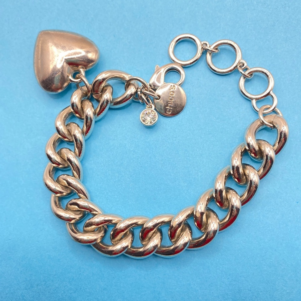 CHICO'S Chunky Silver Tone Chain Link Puffy Heart Charm Bracelet